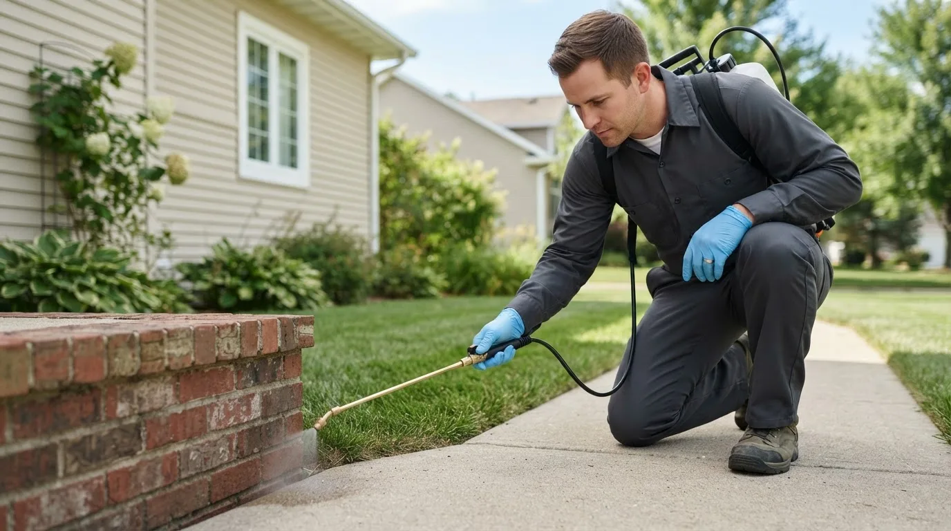 Pest control technician treating a home near London, OH